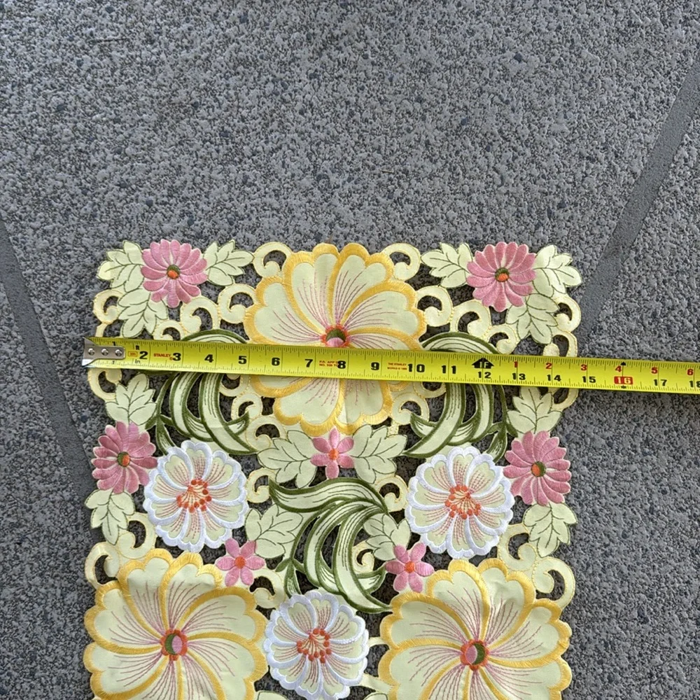 Vintage yellow pink floral embroidered cut out spring Easter table runner 43x15”